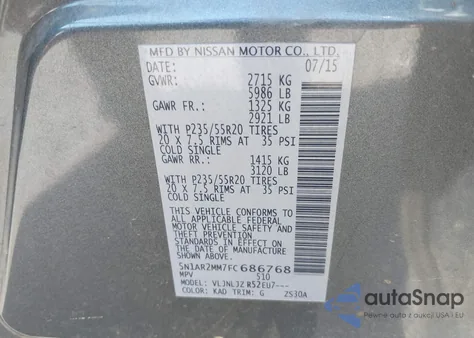 2015 Nissan Pathfinder Platinum from USA, damaged, VIN 5N1AR2MM7FC686768